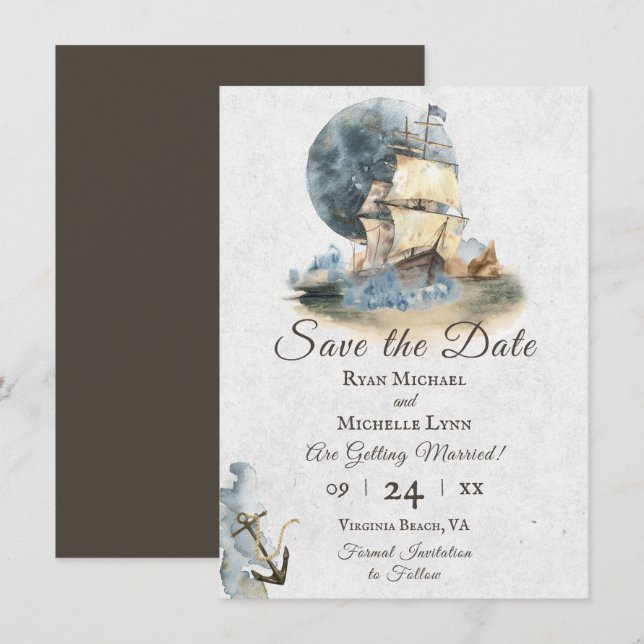 Save The Date Aquarelle marine navire et Mariage de Pleine lune (Devant / Derrière)