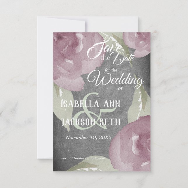 Save The Date Aquarelle mauve Floral et Chalkboard (Devant)