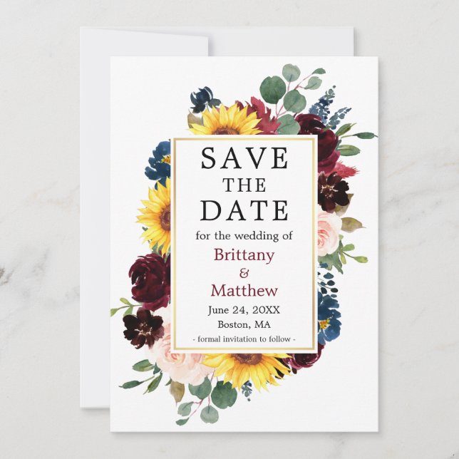 Save The Date Aquarelle Mélange Bourgogne Floral Gold Frame (Devant)