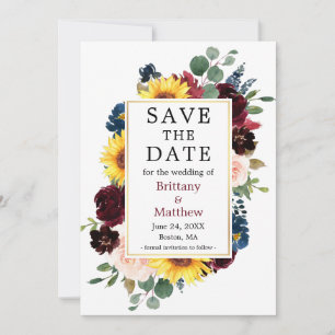 Save The Date Aquarelle Mélange Bourgogne Floral Gold Frame