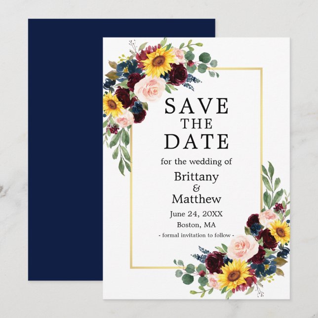 Save The Date Aquarelle mélangée Floral Blue or élégant (Devant / Derrière)