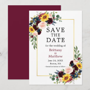 Save The Date Aquarelle Mixte Floral Or Bourgogne Élégant