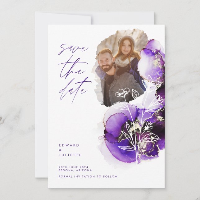 Save The Date Aquarelle moderne Agate Violet Encre & Flore Photo (Devant)
