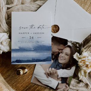 Save The Date Aquarelle moderne   Blue Photo Back Enregistrer la