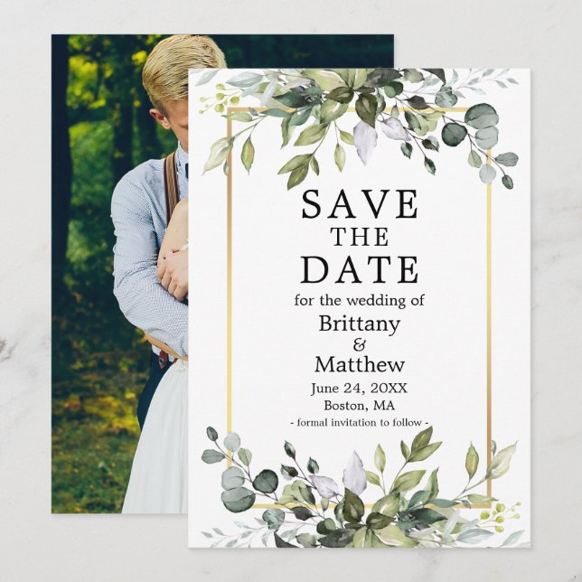 Save The Date Aquarelle moderne Botanique Verdure Photo Or (Devant / Derrière)