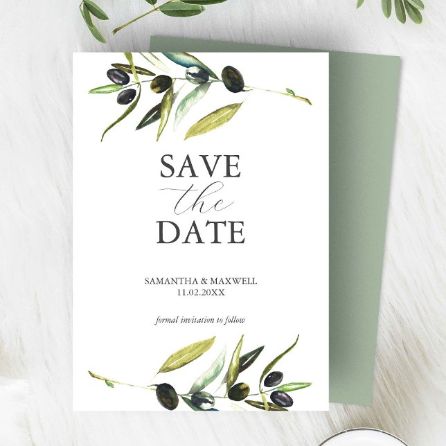 Save The Date Aquarelle moderne Branche d'olive Enregistrer la d (wedding save the date botanical watercolor olive branch)