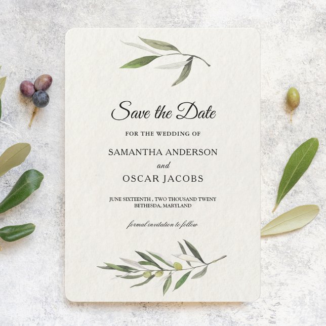 Save The Date Aquarelle moderne Branche d'olive verte (Créateur téléchargé)
