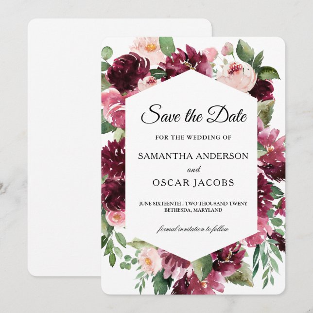 Save The Date Aquarelle moderne Cadre Floral Rouge (Devant / Derrière)