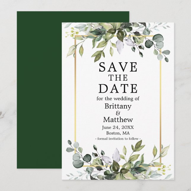 Save The Date Aquarelle moderne élégante Botanique Verdure Or (Devant / Derrière)