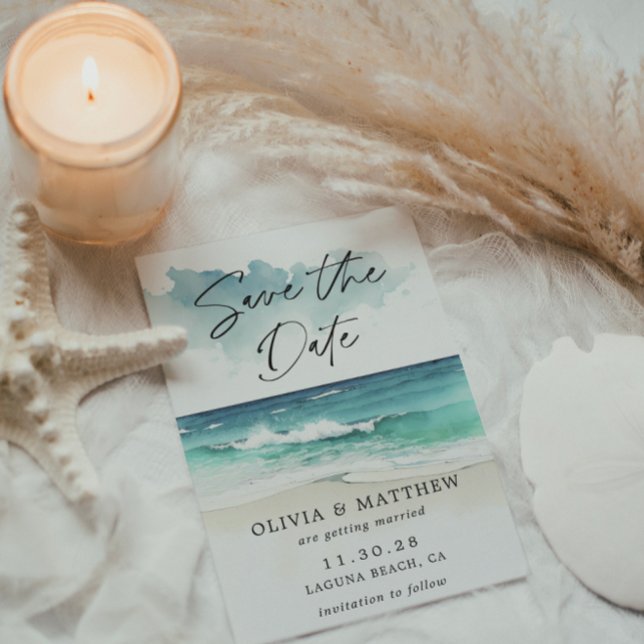 Save The Date Aquarelle moderne Script Ocean Beach Code QR (Créateur téléchargé)