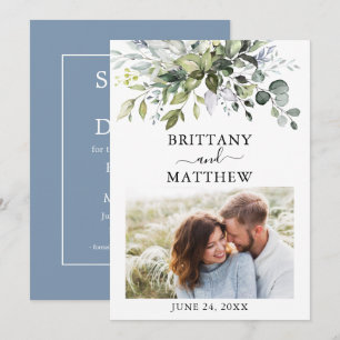 Save The Date Aquarelle moderne Vert Photo Dusty Blue