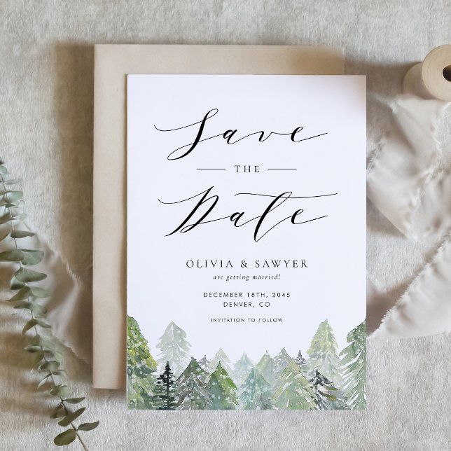 Save The Date Aquarelle Neige À feuillage persistant Bois Mariag (Customizable save the date card featuring snowy watercolor pine forest, perfect for winter weddings.)