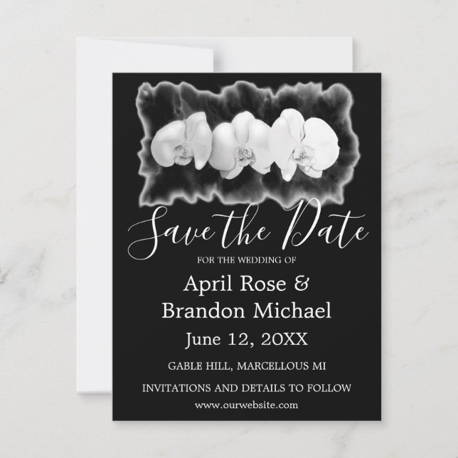Save The Date Aquarelle noire blanche orchidées tropicales flora (Devant)