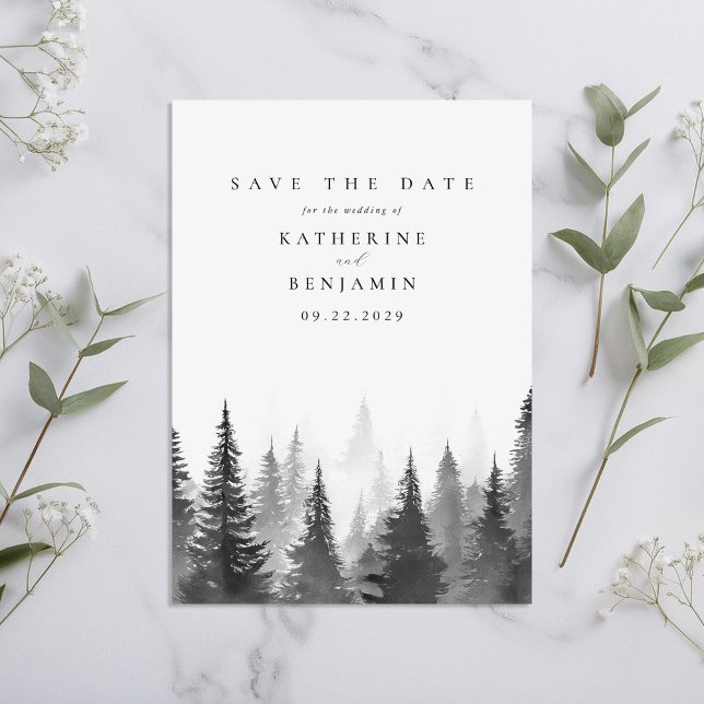 Save The Date Aquarelle noire et blanche Arbres Mariage forestie (Créateur téléchargé)