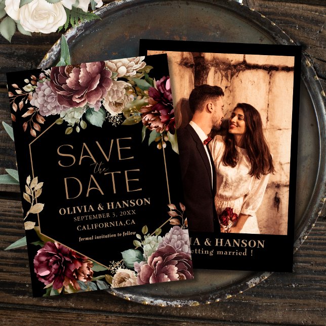 Save The Date Aquarelle noire florale Photo mariage de automne n (Créateur téléchargé)