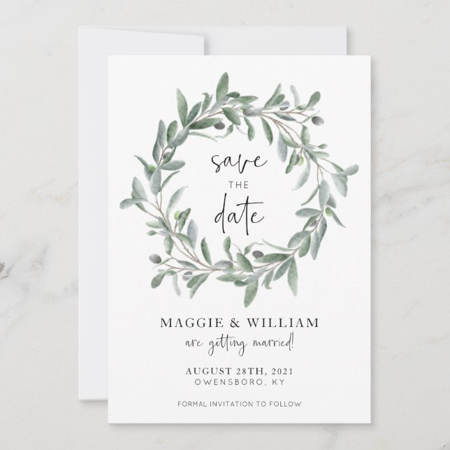 Save The Date Aquarelle Olive Branches Mariage Enregistrer La Da (Devant)