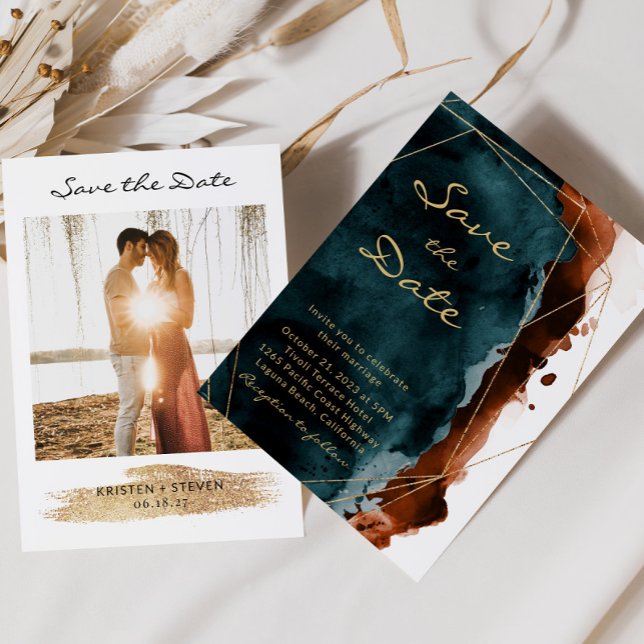 Save The Date Aquarelle orange turquoise et brûlée Enregistrer l (Créateur téléchargé)