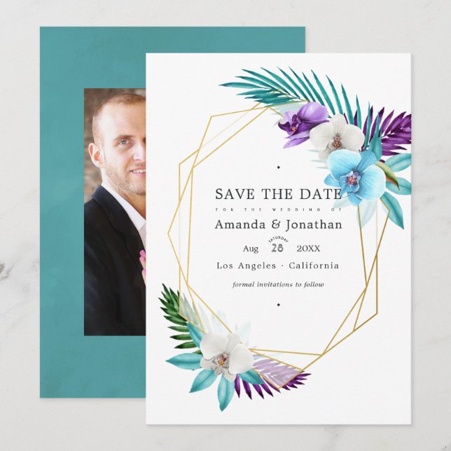 Save The Date Aquarelle Orchidées Tropicales Géométrique Mariage (Devant / Derrière)