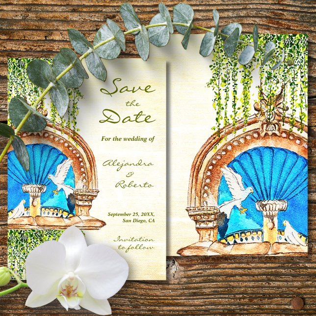 Save The Date Aquarelle originale Vieux Mexique Fontaine Mariage (Créateur téléchargé)