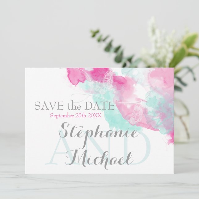 Save The Date Aquarelle Papillon de canneberge Mint SavetheDate (Debout devant)