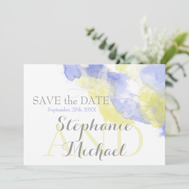 Save The Date Aquarelle Papillon Périwinkle Lemon SavetheDate (Debout devant)