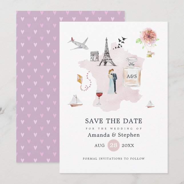 Save The Date Aquarelle Paris Destination Mariage Monogramme (Devant / Derrière)