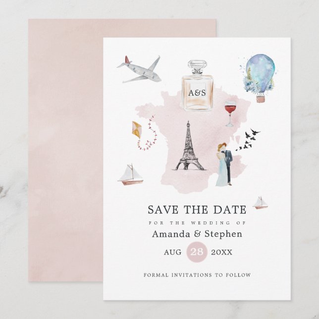 Save The Date Aquarelle Paris Destination Mariage Monogramme (Devant / Derrière)