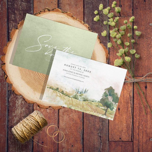 Save The Date Aquarelle Paysage Mariage Sage Hor. ID786 vert (Créateur téléchargé)