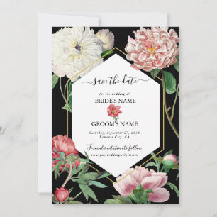 Save The Date Aquarelle Peonies rose Fleurs Mariage Noir