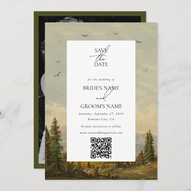Save The Date Aquarelle Pine Tree Forest Mountain Photo Mariage (Devant / Derrière)