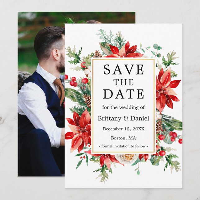 Save The Date Aquarelle Poinsettia Floral Green Photo (Devant / Derrière)