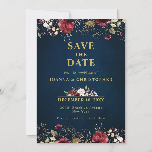 Save The Date Aquarelle romantique Bourgogne Rouge Marine or Flo (Devant)
