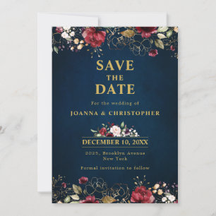 Save The Date Aquarelle romantique Bourgogne Rouge Marine or Flo