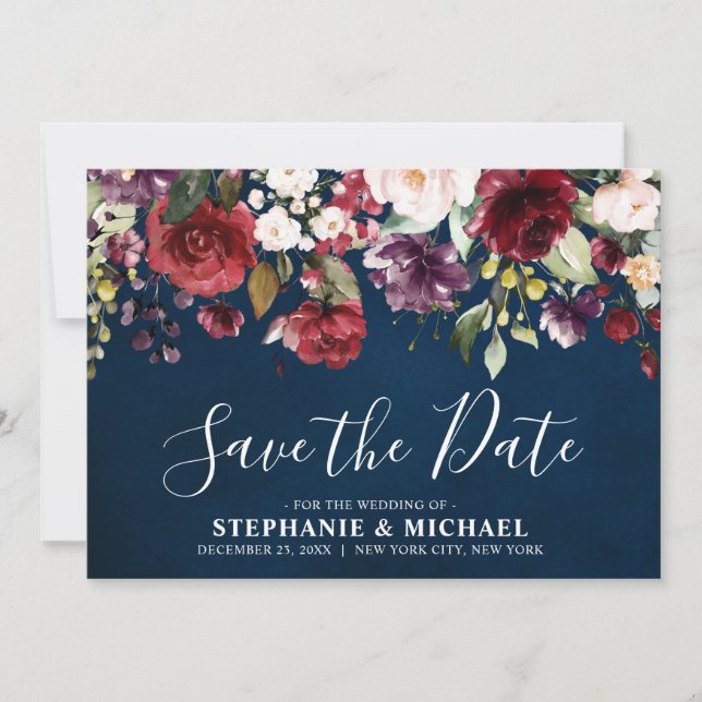 Save The Date Aquarelle romantique Bourgogne Rouge Marine Rose F (Devant)