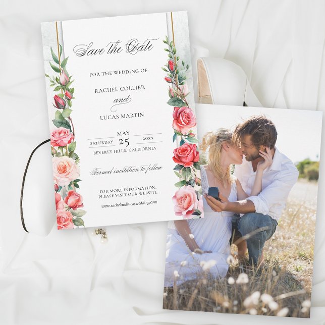 Save The Date Aquarelle romantique Roses roses roses et calligra (Créateur téléchargé)