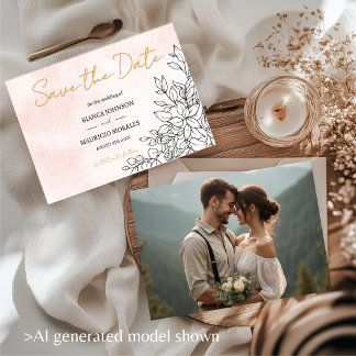 Save The Date Aquarelle rose avec élégante art botanique noir