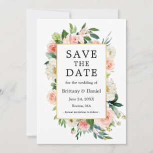 Save The Date Aquarelle Rose Blanc Floral Elégant Cadre Or