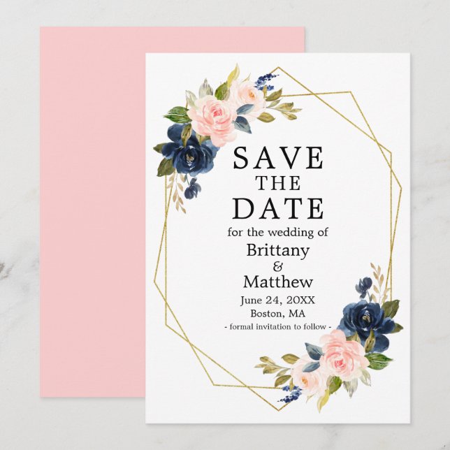 Save The Date Aquarelle rose Blush Blue Rose Gold Geo Frame (Devant / Derrière)