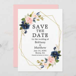 Save The Date Aquarelle rose Blush Blue Rose Gold Geo Frame