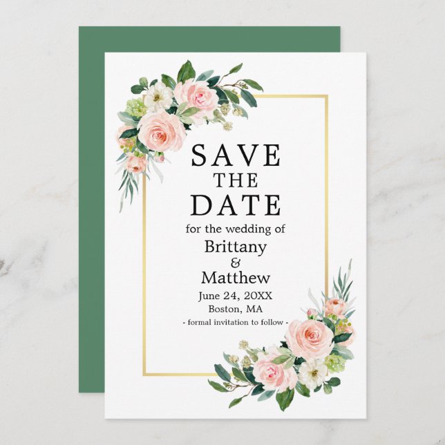 Save The Date Aquarelle rose Blush Rose Vert Or Cadre (Devant / Derrière)