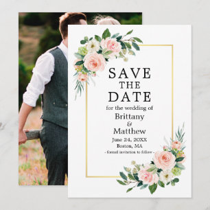 Save The Date Aquarelle rose Blush Roses Photo Gold Frame