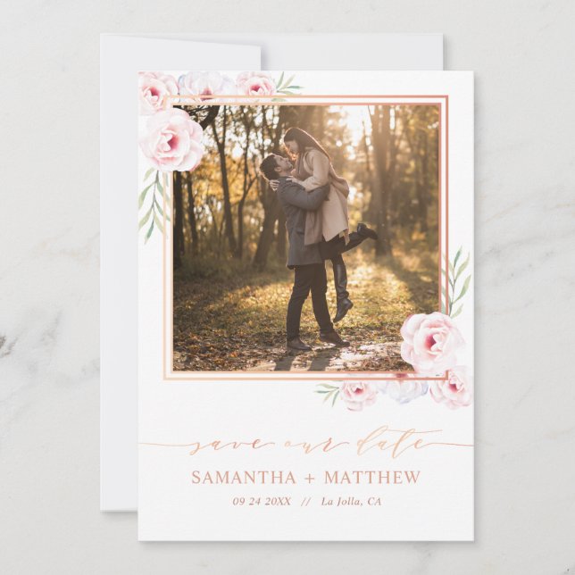 Save The Date Aquarelle rose Floral Rose Gold Photo Mariage (Devant)