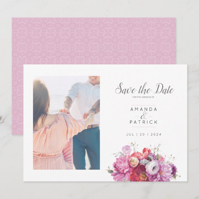 Save The Date Aquarelle rose Mariage Floral été (Devant / Derrière)