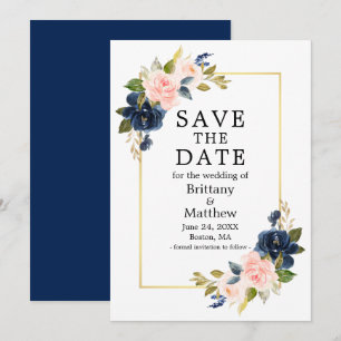 Save The Date Aquarelle rose marine bleu Rose Gold Frame