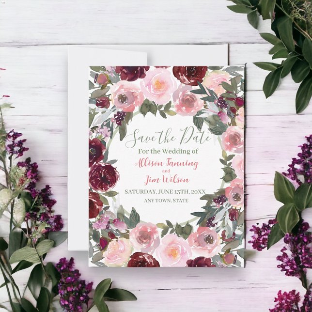 Save The Date Aquarelle Rose Rose Bourgogne Enregistrer La Date (Créateur téléchargé)