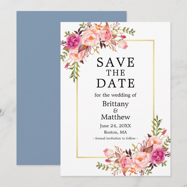 Save The Date Aquarelle rose Roses Dusty Bleu Enregistrer La Dat (Devant / Derrière)