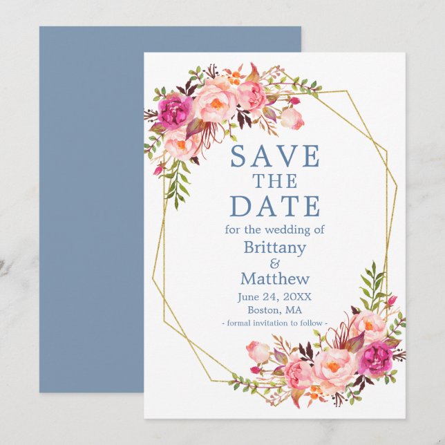 Save The Date Aquarelle rose Roses Dusty Blue Geo Frame (Devant / Derrière)