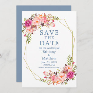 Save The Date Aquarelle rose Roses Dusty Blue Geo Frame