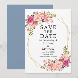 Save The Date Aquarelle rose Roses Geo Frame Dusty Blue