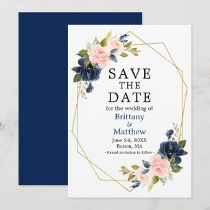 Save The Date Aquarelle rose Roses Marine Bleu Gold Geo Frame